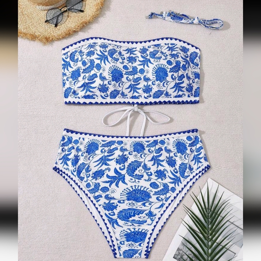 NWOT 2 Piece Curve Embroidered Trim Adjustable Back Bikini, 1XL (14), Blue & …